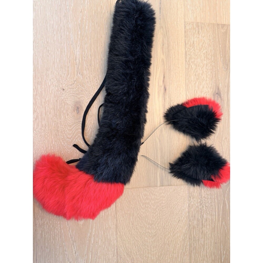 Fox Ears and Tail Red Black Set Fluffy Tail Cosplay Party Cat Costume Halloween